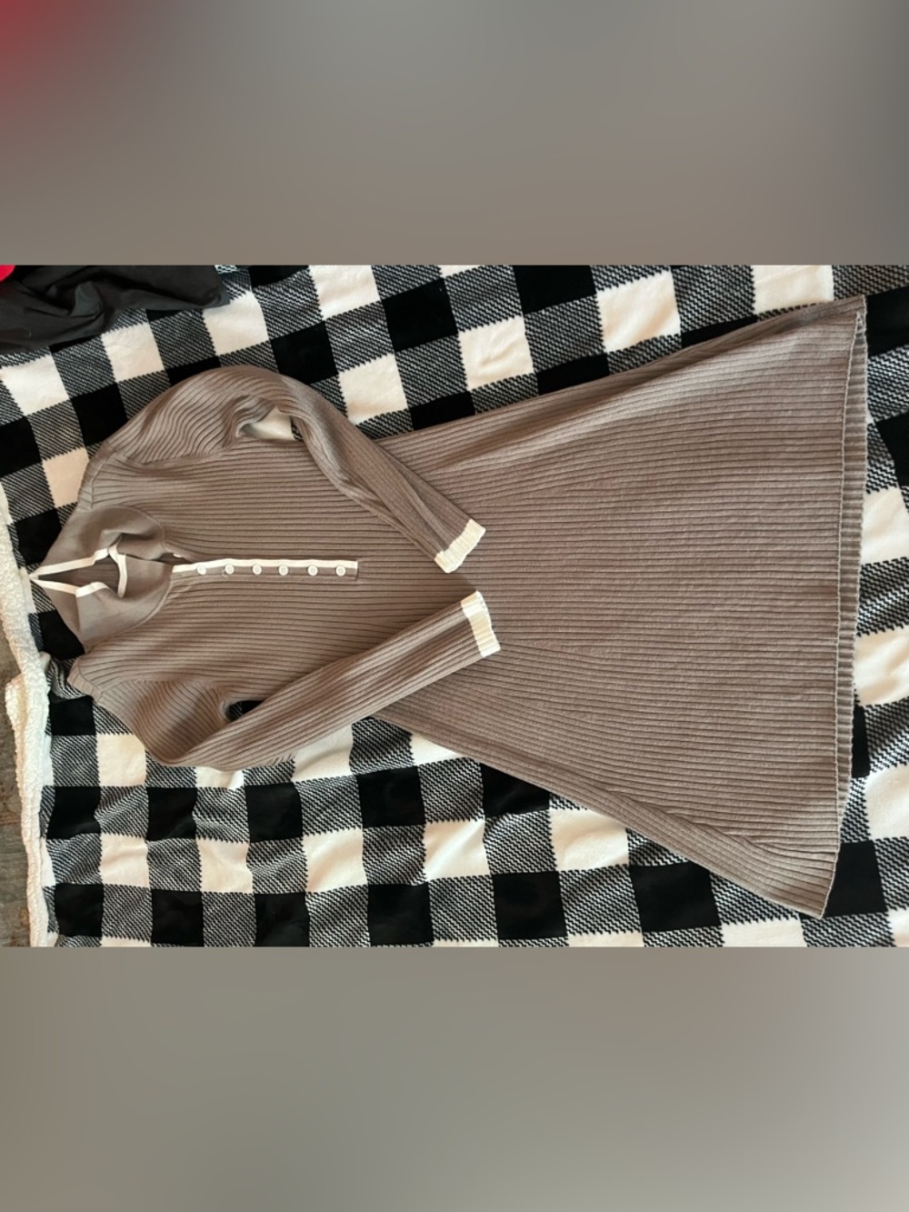 Ribbed Long-Sleeve Polo Knit Dress in Taupe with Ivory Trim